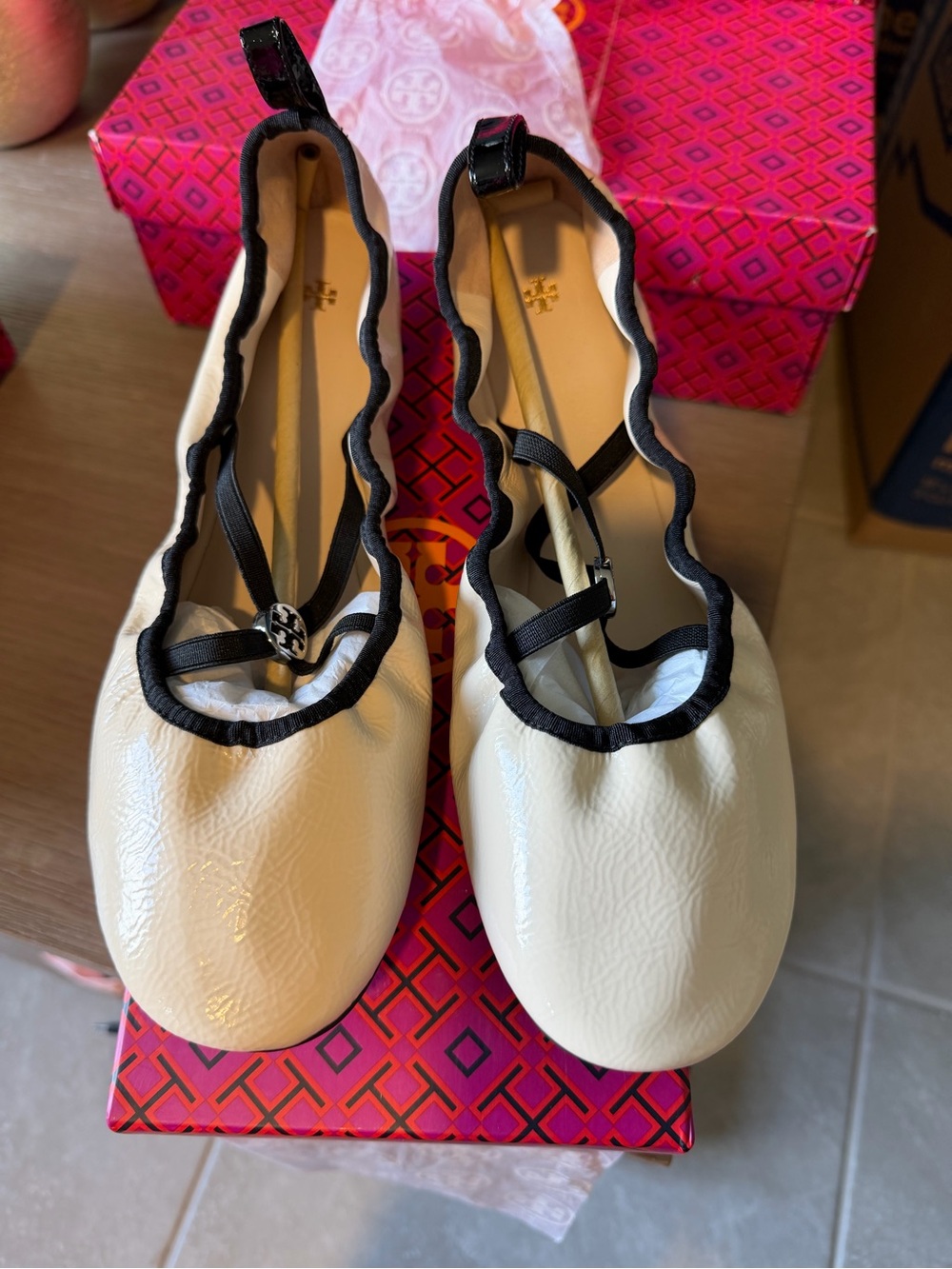 Tory Burch Cream Ballet Flats with Black Trim